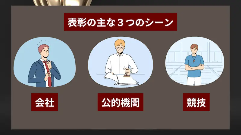 会社員・公的機関職員・スポーツコーチのイラストで表彰場面３例を解説する図