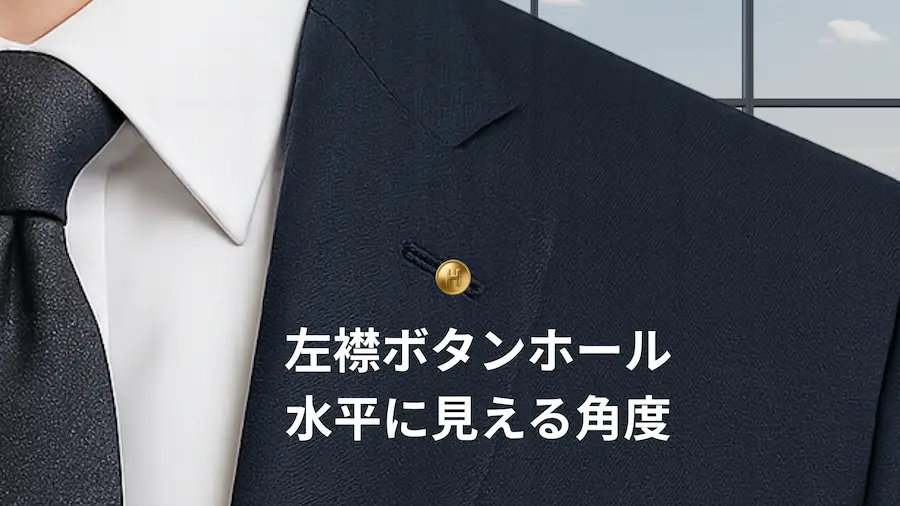 スーツの左襟ボタンホールに水平に社章を付けた例
