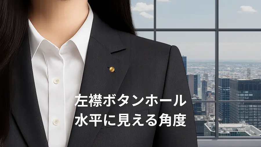 女性用スーツの左襟ボタンホールに社章を水平に付けた例|社章の正しい位置と角度の参考
