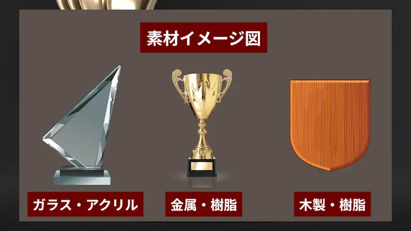 ガラスアクリル・金属樹脂・木製樹脂のトロフィーを横並びで比較した素材イメージ図