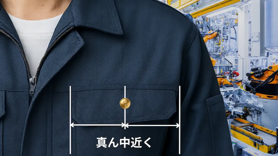 作業着の胸ポケット近くに社章を真ん中に付けた例|工場や製造業ユニフォームでの社章位置ガイド